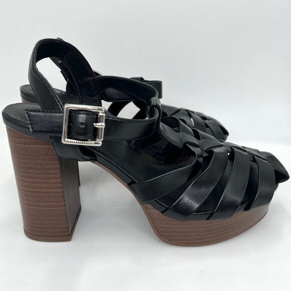 New Torrid Black Faux Leather Gladiator with Brown Chunky Heel - Size 8WW - Picture 4 of 11